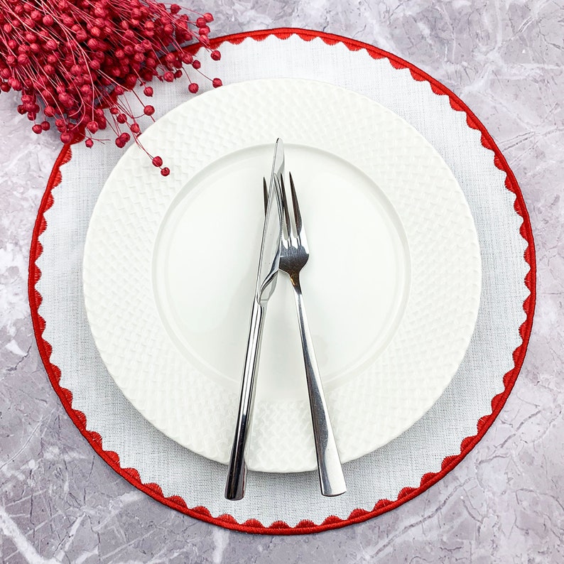 White Linen Round Placemats Embroidered Table Mats With Etsy