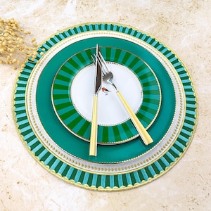 Green Checkered Embroidered Round Placemats with Gold Detail Scallop Edge, Premium and Decorative Dining Decor, Special Occasion Placemats