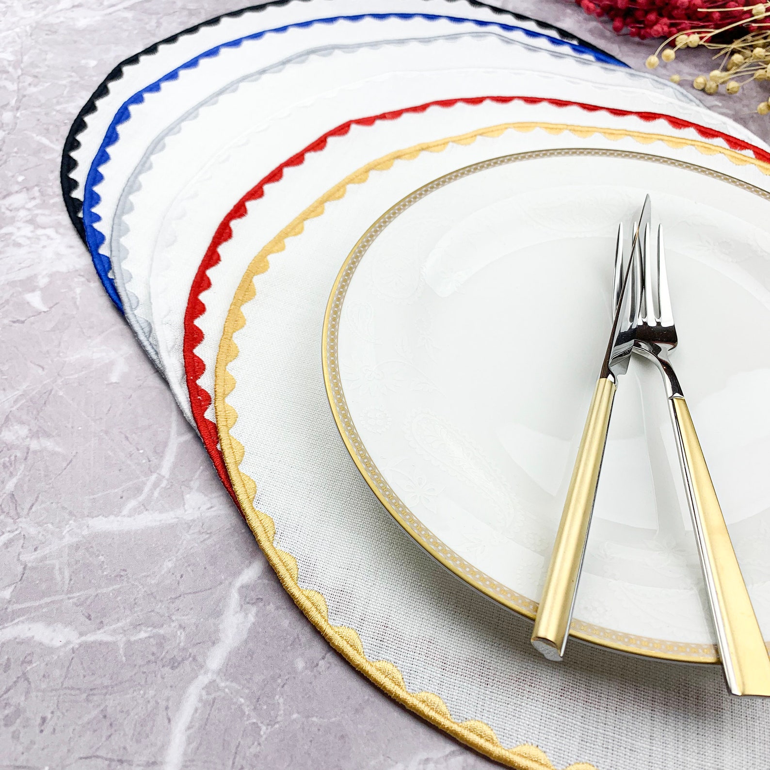 White Linen Round Placemats Embroidered Table Mats With Etsy