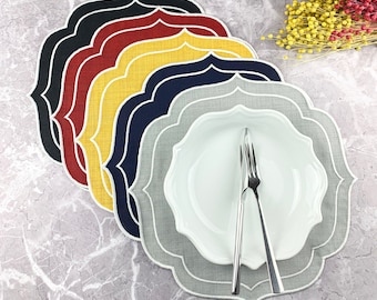Manteles individuales de lino coloridos con medallones, manteles bordados con borde festoneado doble blanco para la mesa del comedor, decoración del hogar, regalo de Navidad