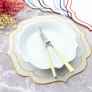 Personalisierte bestickte Tischsets aus weißem Leinen mit doppeltem Bogenrand, benutzerdefiniertem Tischset für Weihnachtsgeschenk Wohnkultur