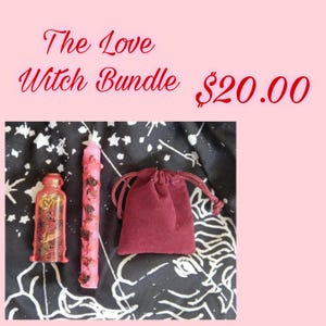 May include: A small glass bottle filled with dried red flower petals, a pink taper candle decorated with dried botanical pieces, and a small drawstring pouch made of dark red velvet fabric, all arranged on a black cloth with white star patterns.