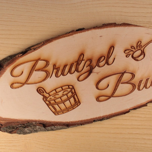 Sauna Schild "Brutzel Bude" Baumscheibe 20 - 80 cm Rindenscheibe Kelo Gravur Schild Geschenk Holz Erle unbehandelt