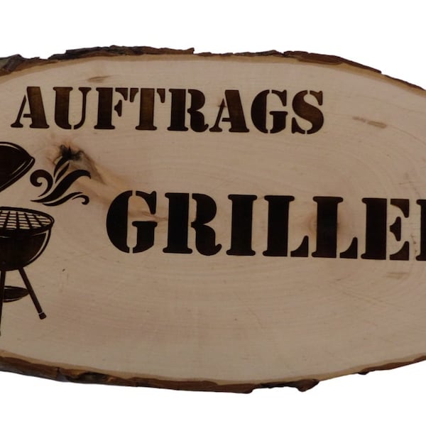 Baumscheibe Rindenscheibe Auftrags Griller Gravur Schild Geschenk Holz Erle unbehandelt + Aufhänger