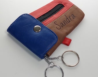 Schlüsseltasche mit 2 Ringen + Reißverschluss - Nappa Leder Multicolor Gravur Leder Personalisiert