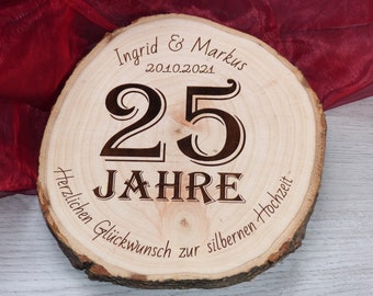 Baumscheibe mit Gravur Geschenk zum Jubiläum silberene goldene Hochzeit Wunschtext ca 17cm Personalisiert
