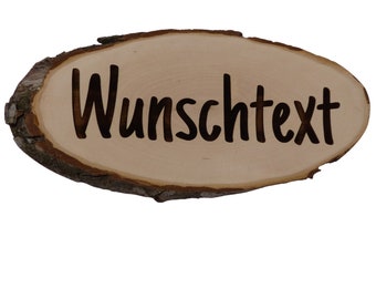 Baumscheibe Rindenscheibe 27 - 32 cm Wunschtext Personalisiert Gravur Schild Geschenk Holz Erle unbehandelt + Aufhänger
