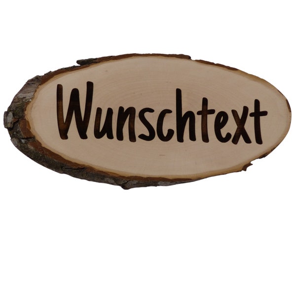 Baumscheibe Rindenscheibe 21 - 24 cm Wunschtext Personalisiert Gravur Schild Geschenk Holz Erle unbehandelt + Aufhänger