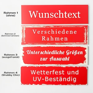 Peut inclure: Quatre panneaux rectangulaires rouges avec du texte blanc. Le premier panneau indique "Wunschtext". Le deuxième panneau dit "Verschiedene Rahmen". Le troisième panneau dit "Unterschiedliche Größen zur Auswahl". Le dernier panneau dit "Wetterfest und UV-Beständig".