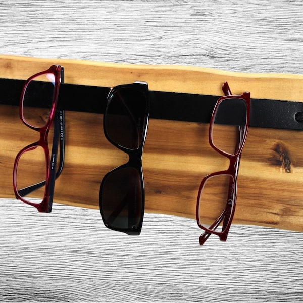 Wand Brillenhalter Brillenablage Brillenregal aus Holz und Leder Sonnenbrillen Uhren Organizer aus Akazie Massiv Sauna
