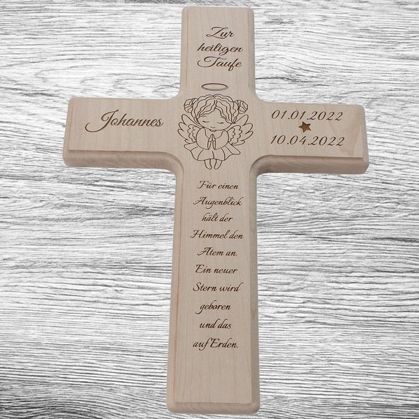 Kreuz Taufkreuz Kinderkreuz mit Namen und Taufspruch personalisiert Massiv Ahorn (30 x 20 cm)