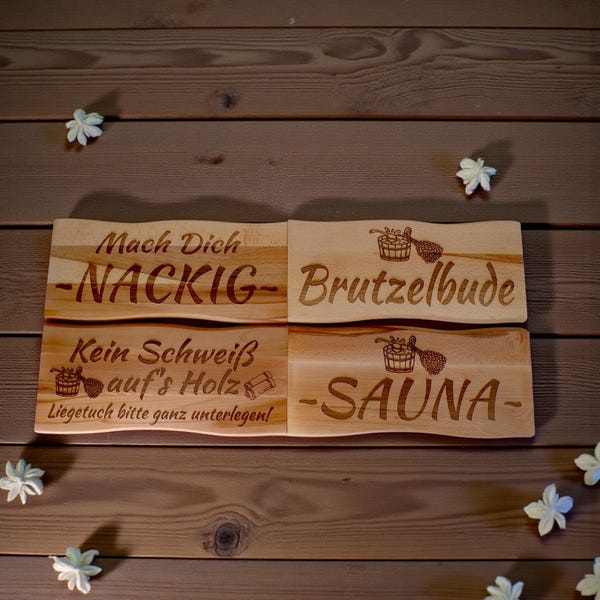 Sauna sign, various types, solid beech, 38 x 17 cm, Kelo engraving, sign for "BrutzelBude" (sizzling hut), oiled wood