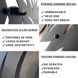 May include: Close-up of a black metal wall art piece. Features include a strong hanger detail, decorative Allen screw, and texture powder coating. The text highlights the product's features: unbreakable, dead end, does not break, provides 3D view, looks elegant, adds aesthetic, no scratch, stainless, and durable.