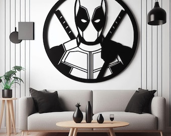 May include: Black and white wall decor featuring a silhouette of Deadpool with crossed swords. The decor is mounted on a white wall above a gray couch with black throw pillows.