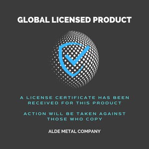 May include: A blue checkmark inside a shield icon is on a white and gray globe. The text "GLOBAL LICENSED PRODUCT" is at the top of the image. The text "A LICENSE CERTIFICATE HAS BEEN RECEIVED FOR THIS PRODUCT" is in the middle of the image. The text "ACTION WILL BE TAKEN AGAINST THOSE WHO COPY" is below the globe. The text "ALDE METAL COMPANY" is at the bottom of the image.