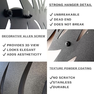 May include: Close-up of a black metal wall decor with a decorative allen screw. The text "DECORATIVE ALLEN SCREW" is visible. The text "PROVIDES 3D VIEW", "LOOKS ELEGANT", and "ADDS AESTHETICITY" is visible. The text "STRONG HANGER DETAIL" is visible. The text "UNBREAKABLE", "DEAD END", and "DOES NOT BREAK" is visible. The text "TEXTURE POWDER COATING" is visible. The text "NO SCRATCH", "STAINLESS", and "DURABLE" is visible.