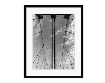 Looking Up at the Brooklyn Bridge NYC - New York City - Black & White Photography - Framed and Matted Photo Print - 21.5"W x 26.5"H Overall