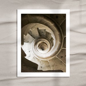 Spiral Stairs at Antonio Gaudi&#39;s Sagrada Familia 02, Interior Stone Stairs looking down, Barcelona Spain - Photograph - Art Print