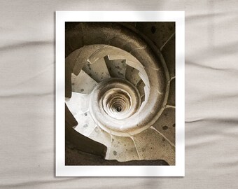 Spiral Stairs at Antonio Gaudi's Sagrada Familia 02, Interior Stone Stairs looking down, Barcelona Spain - Photograph - Art Print