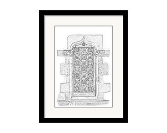 Old Carved Wooden Door in Sitges Spain - Digital Sketch - Framed & Matted Print