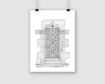 Old Carved Wooden Door in Sitges Spain - Digital Sketch - Art Print on Archival Matte Paper