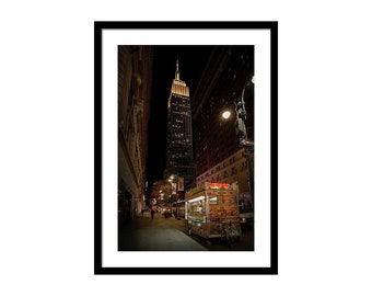 Food Truck at the Empire State Building - Streets at Night in Manhattan, NYC - Color Photography Framed & Matted
