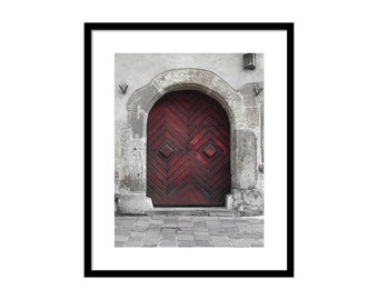 Krakow Door_Geometric Deep Red - Framed & Matted Photography Print - Large - Selective Color - Architectural Photography