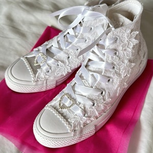 Genuine/Luxury High Top Converse Wedding Shoes in White // Custom bridal shoes, Wedding shoes,gift for bride,Bridal shower gift,Wedding gift