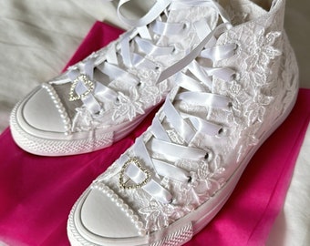 Lace High Top Converse Wedding Shoes, Custom Bridal Sneakers