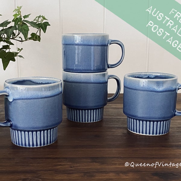 Fabulous Vintage 1970's Stacking Mugs (CHINA) Amazing Ocean Blue Drip Glaze • Set of 4 •
