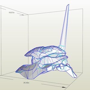 Puede incluir: Un modelo 3D de una cabeza de robot blanca y azul, con un cuerno largo y puntiagudo. El modelo mide 66,8 cm de ancho y 45,9 cm de alto.