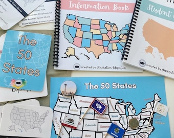 May include: A blue and white map of the United States with the names of each state labeled. There are small flags and other decorative items placed on the map, including a turtle, a coin, and a rocket.
