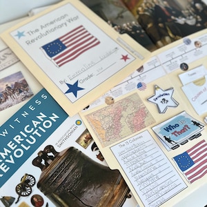 May include: A student's project about the American Revolutionary War. The project includes a timeline, a map of the 13 colonies, a list of the 13 colonies, a star with the word "Revolution" on it, and a "Who is That?" card. The project is on a yellow background with a blue star in the corner.