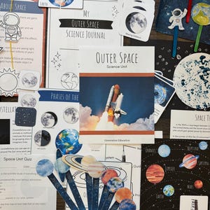 May include: Educational space-themed materials, including a science journal, flashcards, and a unit on outer space. The image features illustrations of planets, rockets, and the moon, with the text "Outer Space Science Unit".