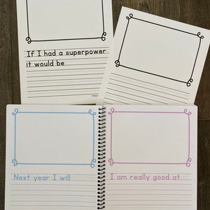 May include: A spiral bound notebook with four blank pages for writing. The pages have lines for writing and decorative borders. The text on the pages reads "If I had a superpower it would be", "Next year I will", and "I am really good at".