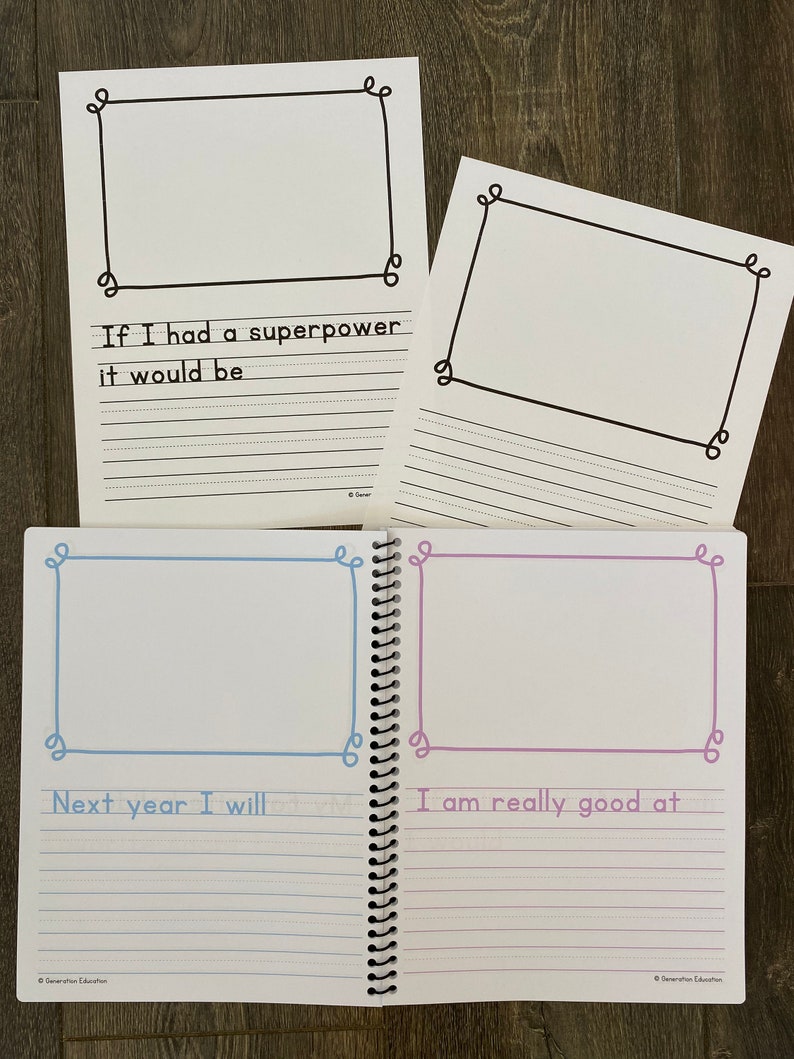 May include: A spiral bound notebook with four blank pages for writing. The pages have lines for writing and decorative borders. The text on the pages reads "If I had a superpower it would be", "Next year I will", and "I am really good at".