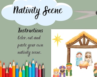 Actividad imprimible de cortar y pegar del Belén con etiquetas para niños y familias