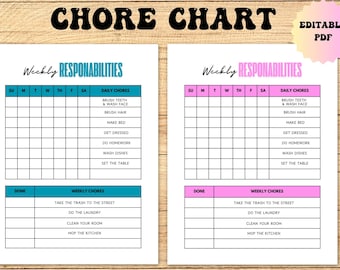 Tabla de tareas para niños editable: Responsabilidades diarias y semanales (PDF)