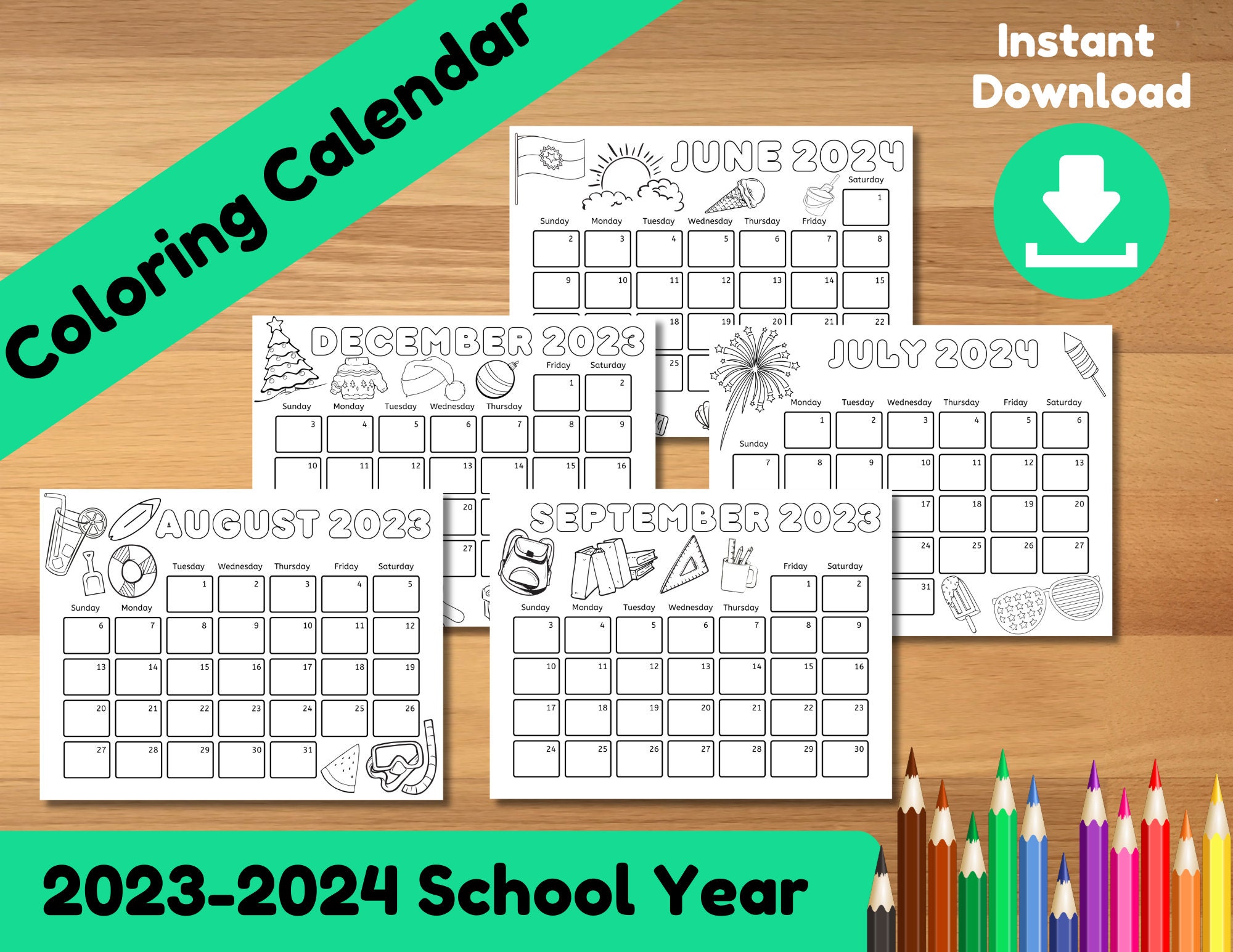 Kids Coloring Calendar 20232024 School Year Etsy