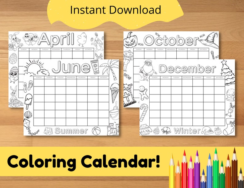 Printable Coloring Calendar For Kids Kids Calendar Printable Etsy Canada