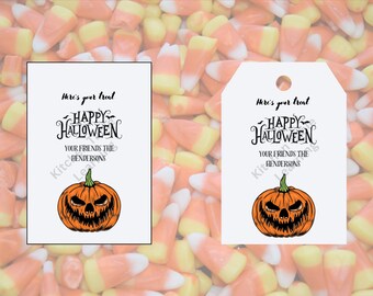 Bewerkbare Halloween-cadeautaslabels en -labels voor goodiebags of trick or treat jack o lantaarn