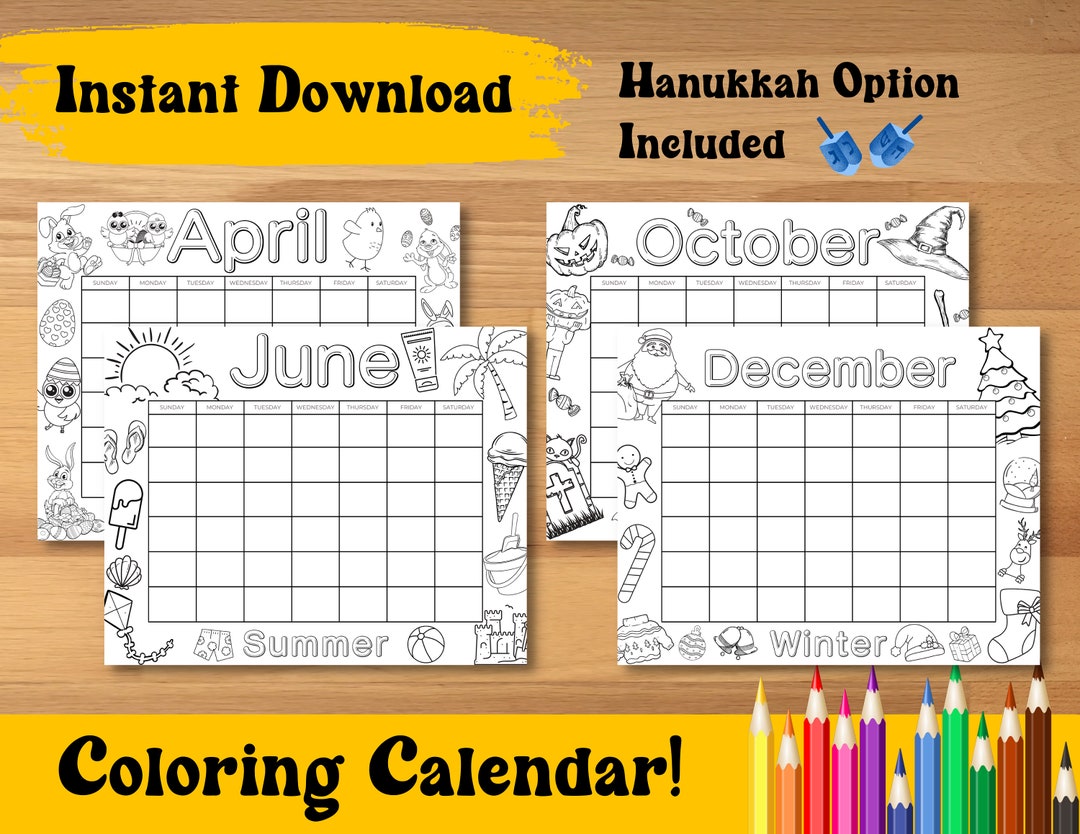 Printable Coloring Calendar for Kids, Kids Calendar, Printable Kids