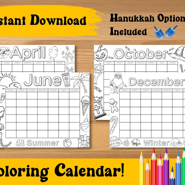 Printable Coloring Calendar for Kids, Kids Calendar, Printable Kids Calendar