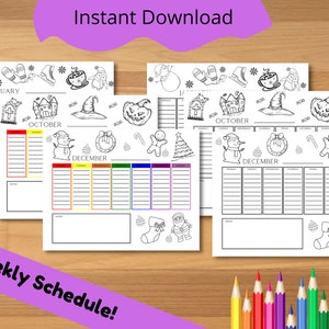 Printable Coloring Calendar for Kids, Kids Weekly Calendar, Printable Kids Schedule