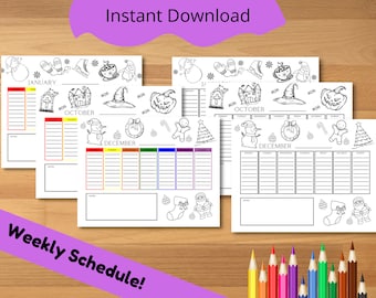 Printable Kids Coloring Calendar: Weekly Schedule (PDF Download)