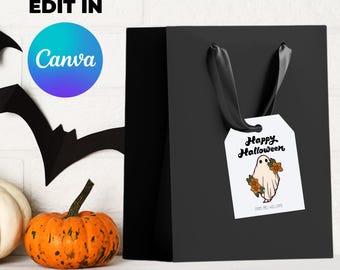 Editable Halloween Gift Bag Tags and Labels for Goodie bags or trick or treat cute flower ghost