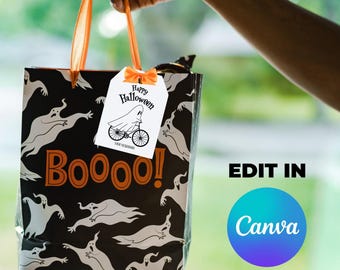 Editable Halloween Gift Bag Tags and Labels for Goodie bags or trick or treat bicycle riding ghost