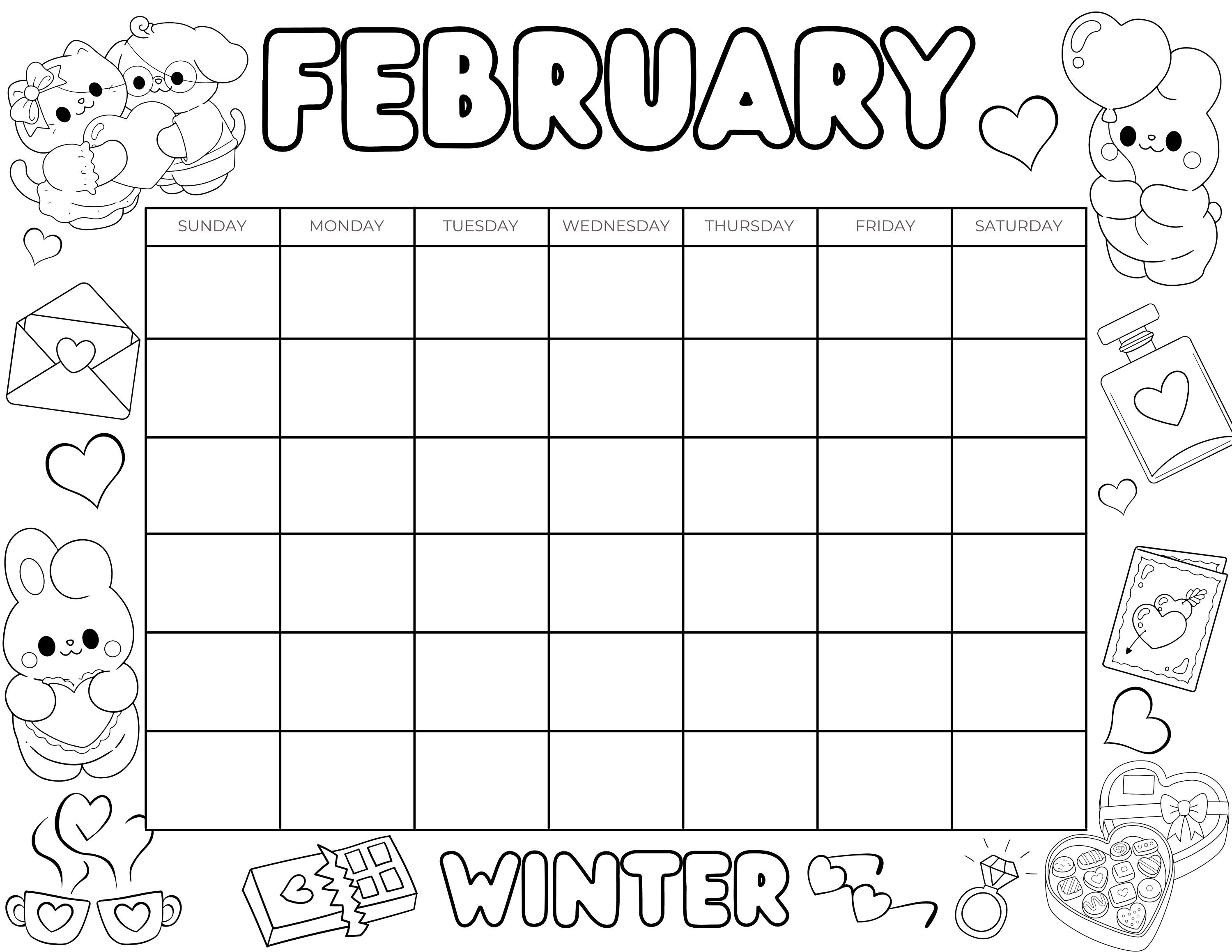 Cute Printable Coloring Calendar for Kids, Cute Kids Calendar, Cute ...