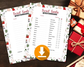 Printable Secret Santa Questionnaire PDF | Editable Christmas Gift Exchange Template | Office, Family, Friend Holiday Party