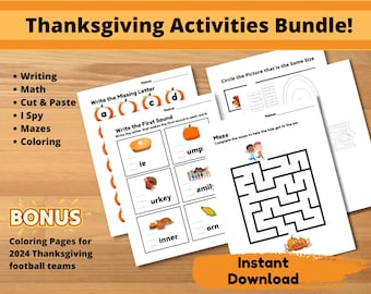 30 Printable Thanksgiving Activities for Kids – Tracing, Coloring, Mazes, and Turkey Mask – Digital Download